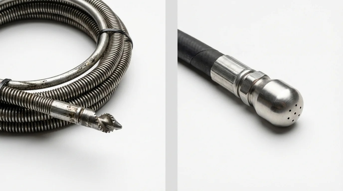 Drain snake cable and hydro jetting nozzle used for drain cleaning in Ecorse, MI