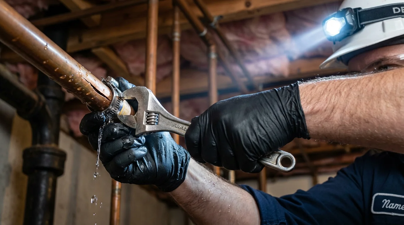 Emergency pipe clamp repair being performed by a Johns Plumbing LLC plumber in Ecorse