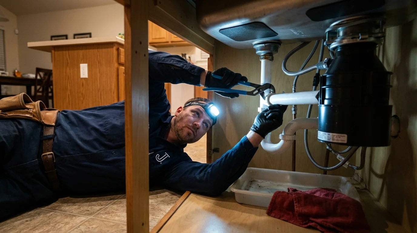 P-trap and supply line connections under a kitchen sink showing a common leak point in Ecorse, MI
